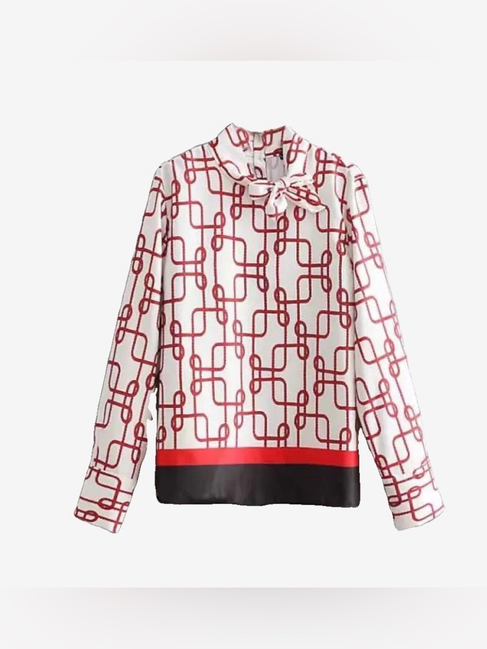 Zara Long-Sleeve Bow Neck Top — Red & White Geometric